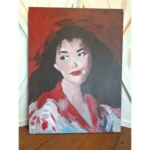 Original Painting Portrait of an Asian Woman On Canvas Red/Black/White 18"X 24"